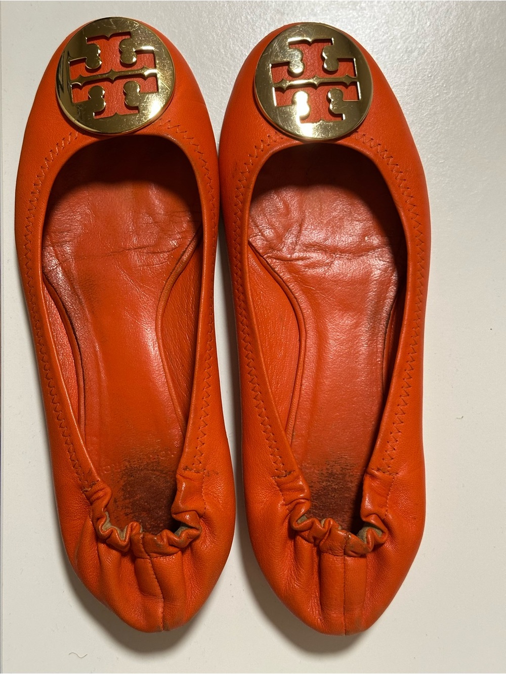 Tory Burch Orange Leather Logo Round-Toe Flats, Women’s Size 7 - Picture 3 of 4